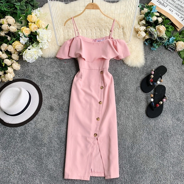 Stílusos női ruha vékony pántokkal és gombokkal, különböző színekben