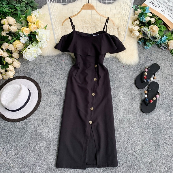 Stílusos női ruha vékony pántokkal és gombokkal, különböző színekben