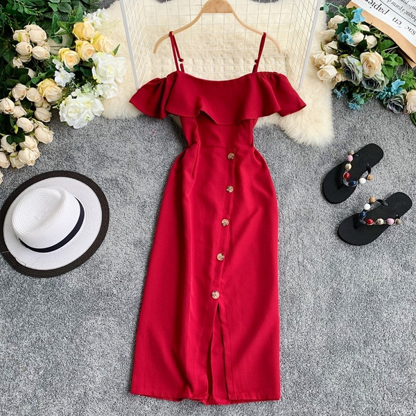 Stílusos női ruha vékony pántokkal és gombokkal, különböző színekben