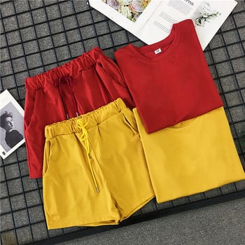 Καλοκαιρινό γυναικείο σύνολο αα - μπλουζάκι και σορτς σε κόκκινο και κίτρινο χρώμα