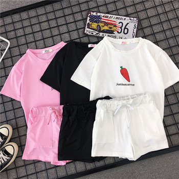 Ежедневен дамски летен комплект с апликация в черен, бял и розов цвят