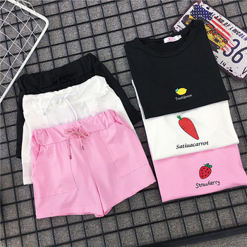 Ежедневен дамски летен комплект с апликация в черен, бял и розов цвят