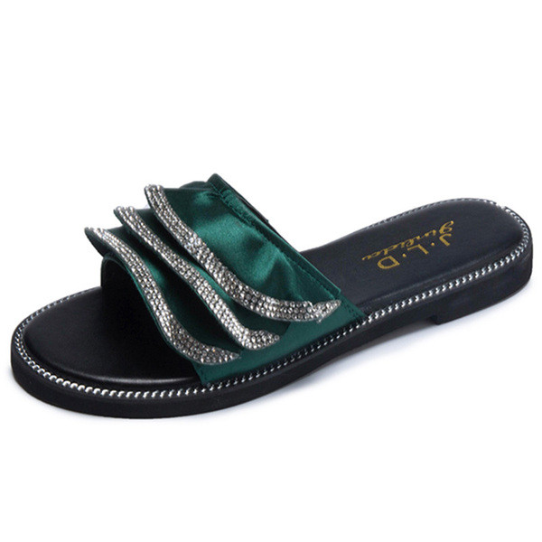 Papuci casual de dama cu talpa plate in verde si negru