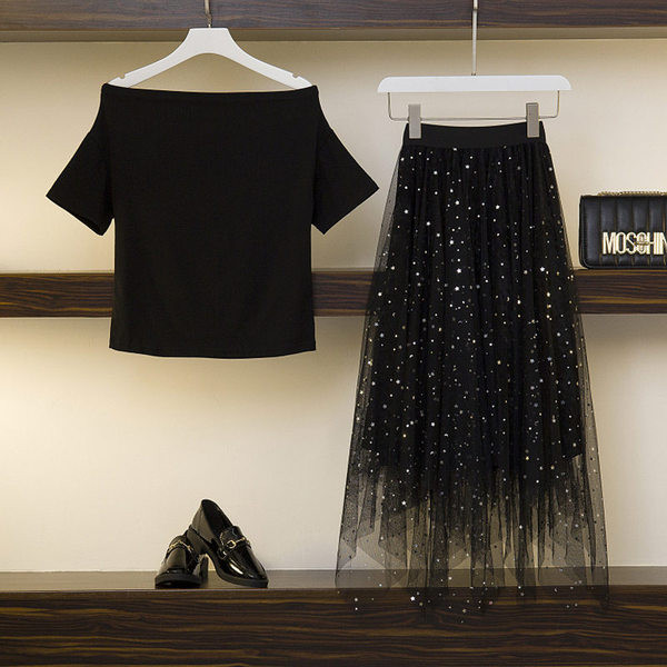 Modern női szett kétrészes szoknya + blúz fekete színben