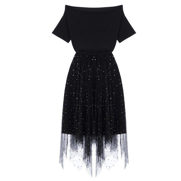 Modern női szett kétrészes szoknya + blúz fekete színben