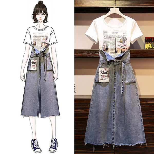 Modern női kétrészes farmerszoknya + póló szett