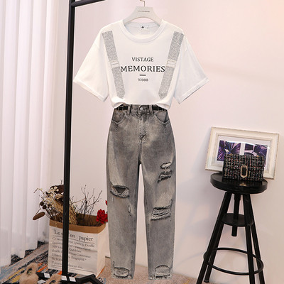 Set casual dama din doua parti tricou + blugi cu motiv rupt