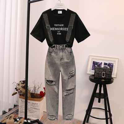 Set casual dama din doua parti tricou + blugi cu motiv rupt