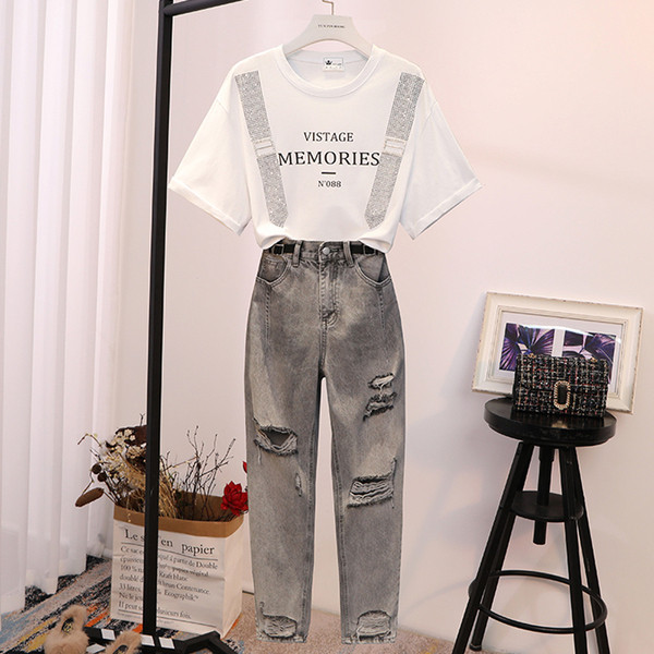 Set casual dama din doua parti tricou + blugi cu motiv rupt