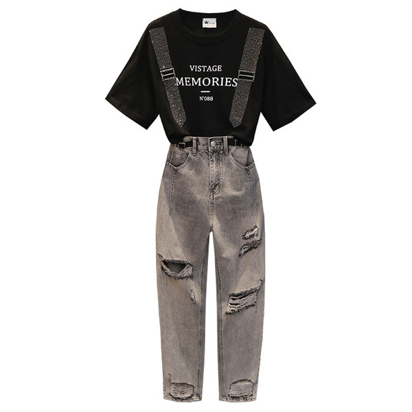 Set casual dama din doua parti tricou + blugi cu motiv rupt