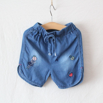 Детски къси панталони в син цвят за момичета с бродерия