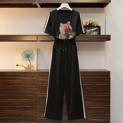 Set de dama modern din doua parti tricou + pantaloni in negru