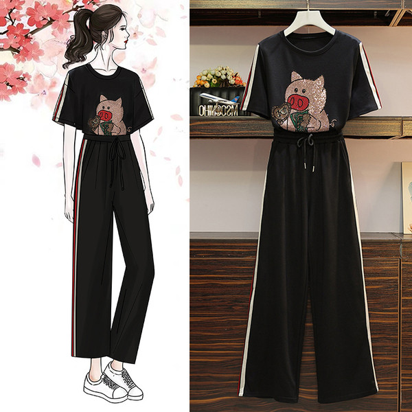 Set de dama modern din doua parti tricou + pantaloni in negru