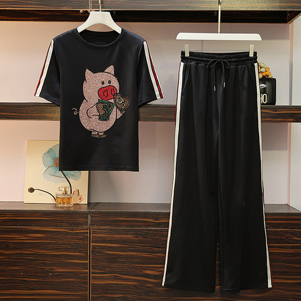 Set de dama modern din doua parti tricou + pantaloni in negru