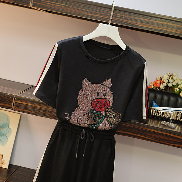 Set de dama modern din doua parti tricou + pantaloni in negru