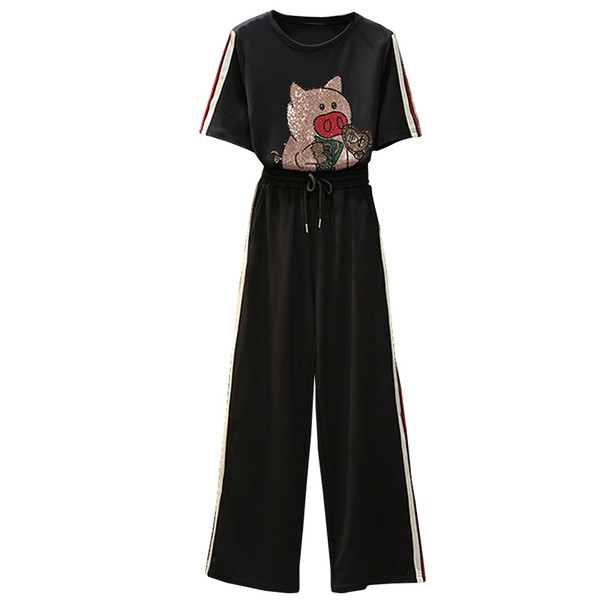 Set de dama modern din doua parti tricou + pantaloni in negru