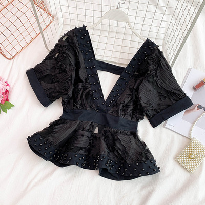 Bluză de damă elegantă cu decolteu în V și decor cu perle