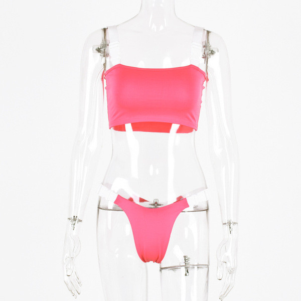 Jelenlegi kétrészes fürdőruha rózsaszín és zöld színben