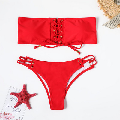 Piros színű, elemes megkötős női fürdőruha