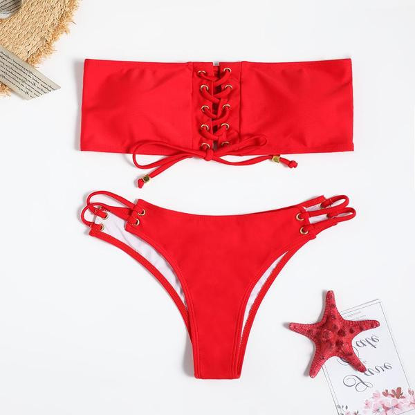 Piros színű, elemes megkötős női fürdőruha