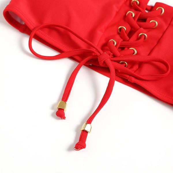 Piros színű, elemes megkötős női fürdőruha