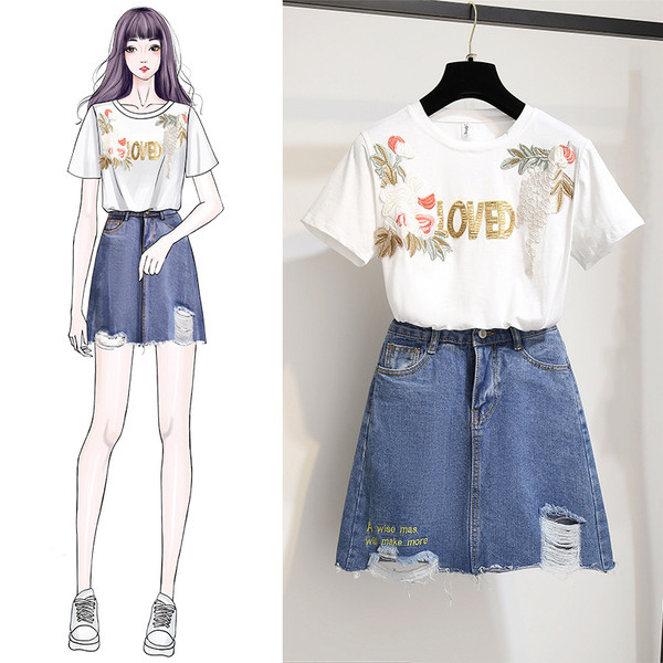 Kétrészes póló + farmerszoknya napi női szett