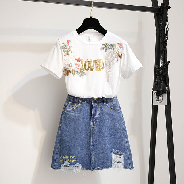 Kétrészes póló + farmerszoknya napi női szett