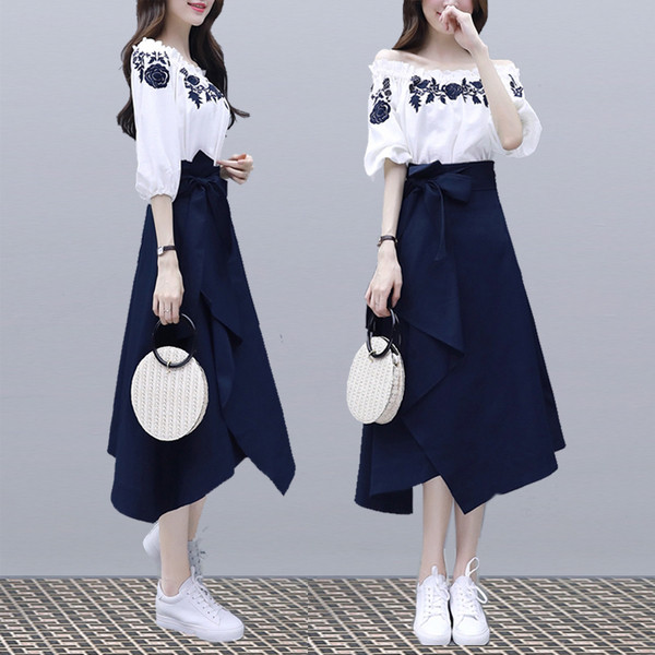 Set de bluză și fustă de damă în alb și albastru