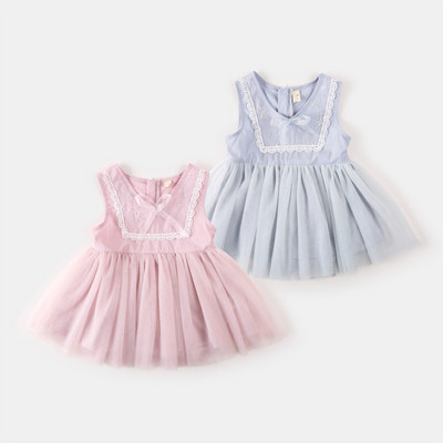 Разкроена детска рокля за момичета в розов и син цвят