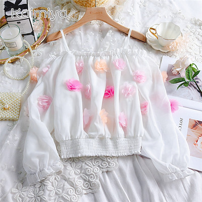 Alkalmi női blúz fehér és rózsaszín 3D elemekkel