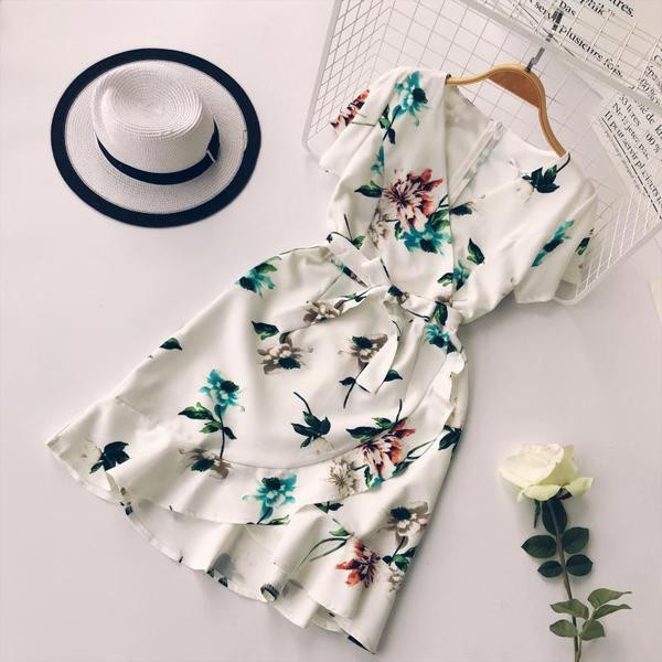 Modern női ruha V-nyakkal, virágmintával több színben