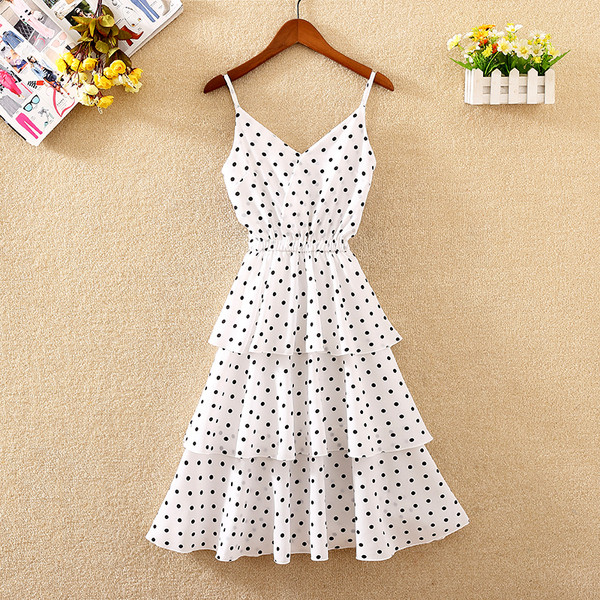 Rochie casual de dama cu bretele subtiri in patru culori de puncte