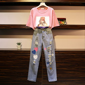 Modern blúz és hosszú farmer készlet nyomtatással