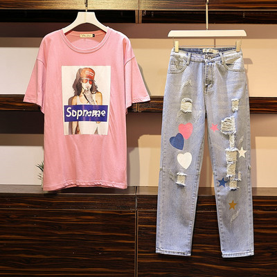 Modern blúz és hosszú farmer készlet nyomtatással