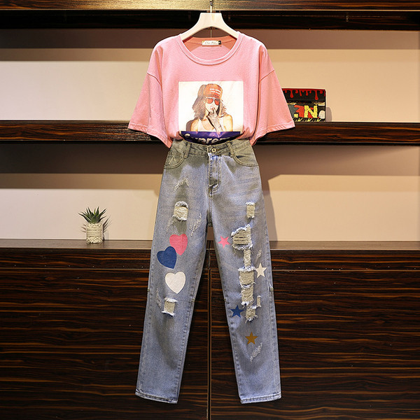 Modern blúz és hosszú farmer készlet nyomtatással