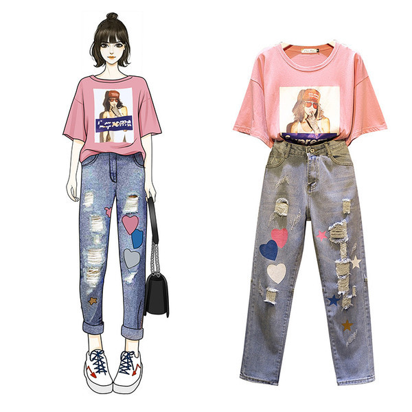 Modern blúz és hosszú farmer készlet nyomtatással