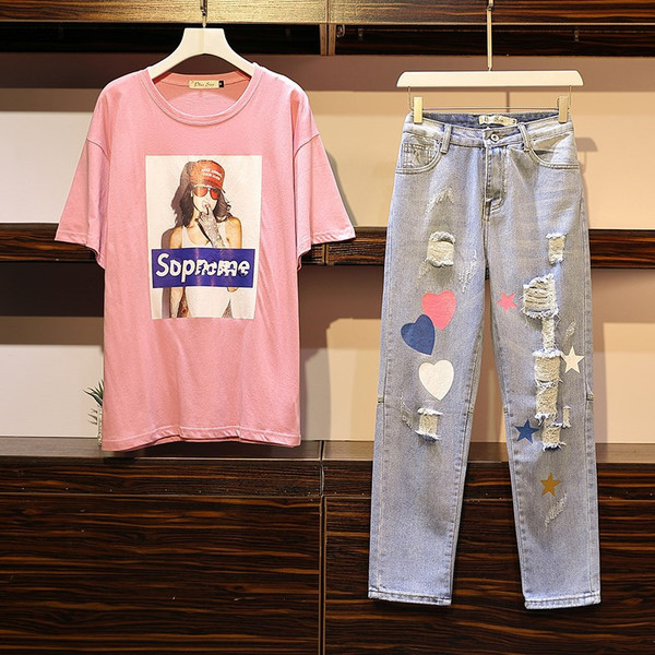 Modern blúz és hosszú farmer készlet nyomtatással