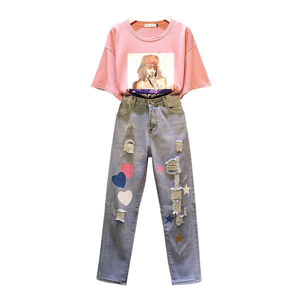 Modern blúz és hosszú farmer készlet nyomtatással