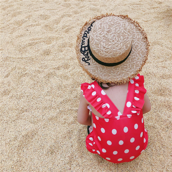 Gyermek teljes fürdőruha lányoknak piros színben, rátéttel