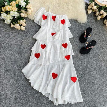 NOU Rochie elegantă de damă cu o singură mânecă și aplicație colorată - inimă