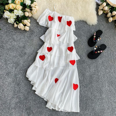 NOU Rochie elegantă de damă cu o singură mânecă și aplicație colorată - inimă