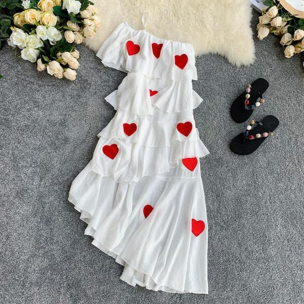 NOU Rochie elegantă de damă cu o singură mânecă și aplicație colorată - inimă