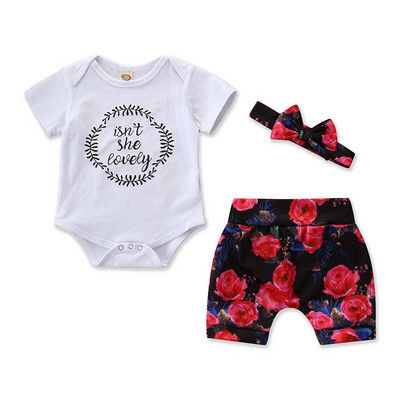 Детски комплект за момичета включващ боди, къси панталони и лента