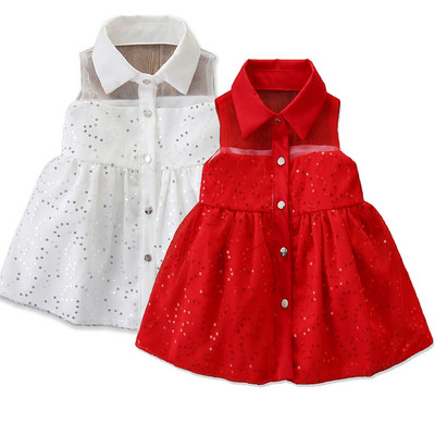 Стилна детска рокля за момичета разкроен модел с яка и пайети в бял и червен цвят