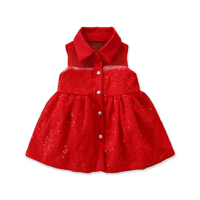 Stílusos gyerekruha lányoknak szabott modell gallérral és flitterekkel fehér és piros színben