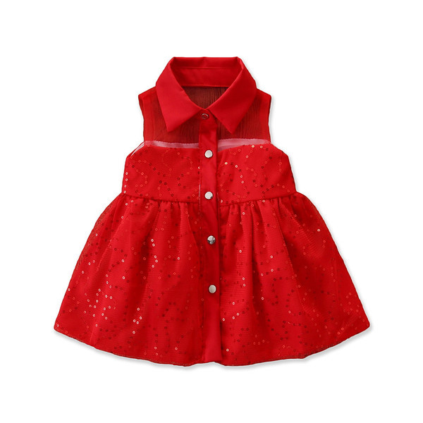 Stílusos gyerekruha lányoknak szabott modell gallérral és flitterekkel fehér és piros színben