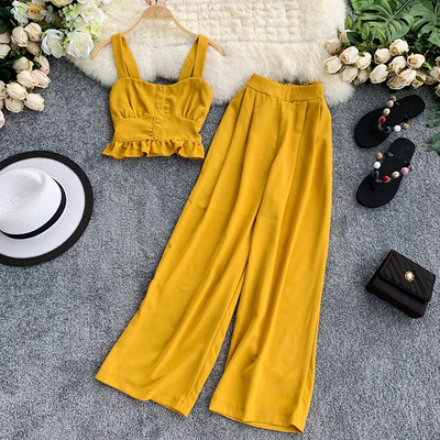 Set elegant de damă care include un maiou scurt și pantaloni largi cu talie înaltă în mai multe culori