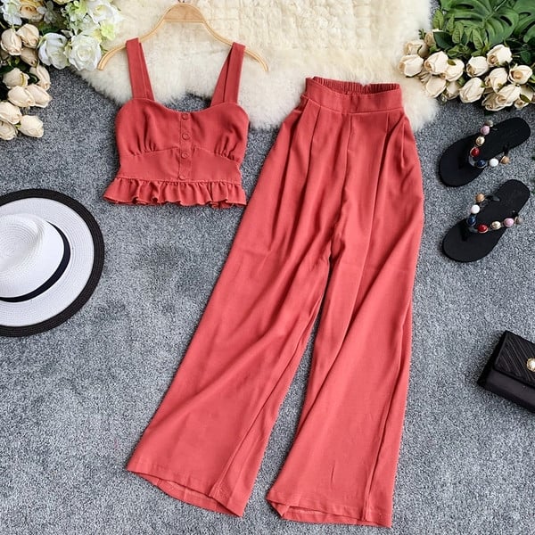 Set elegant de damă care include un maiou scurt și pantaloni largi cu talie înaltă în mai multe culori