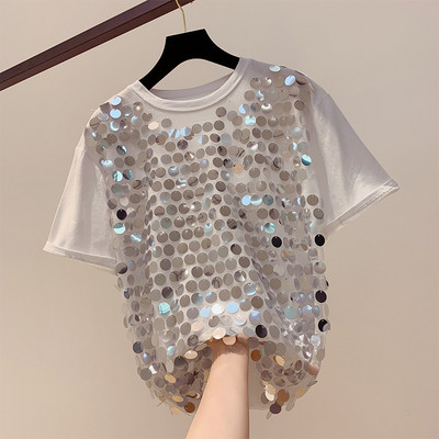 Tricou elegant de damă cu paiete în alb și negru