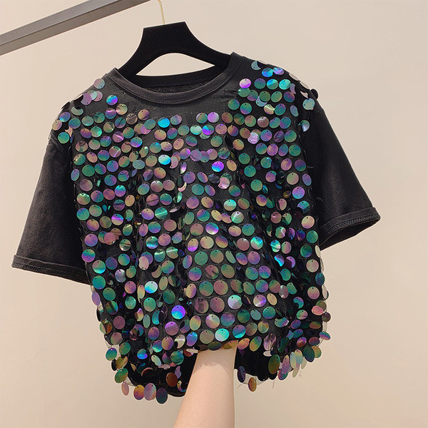 Tricou elegant de damă cu paiete în alb și negru